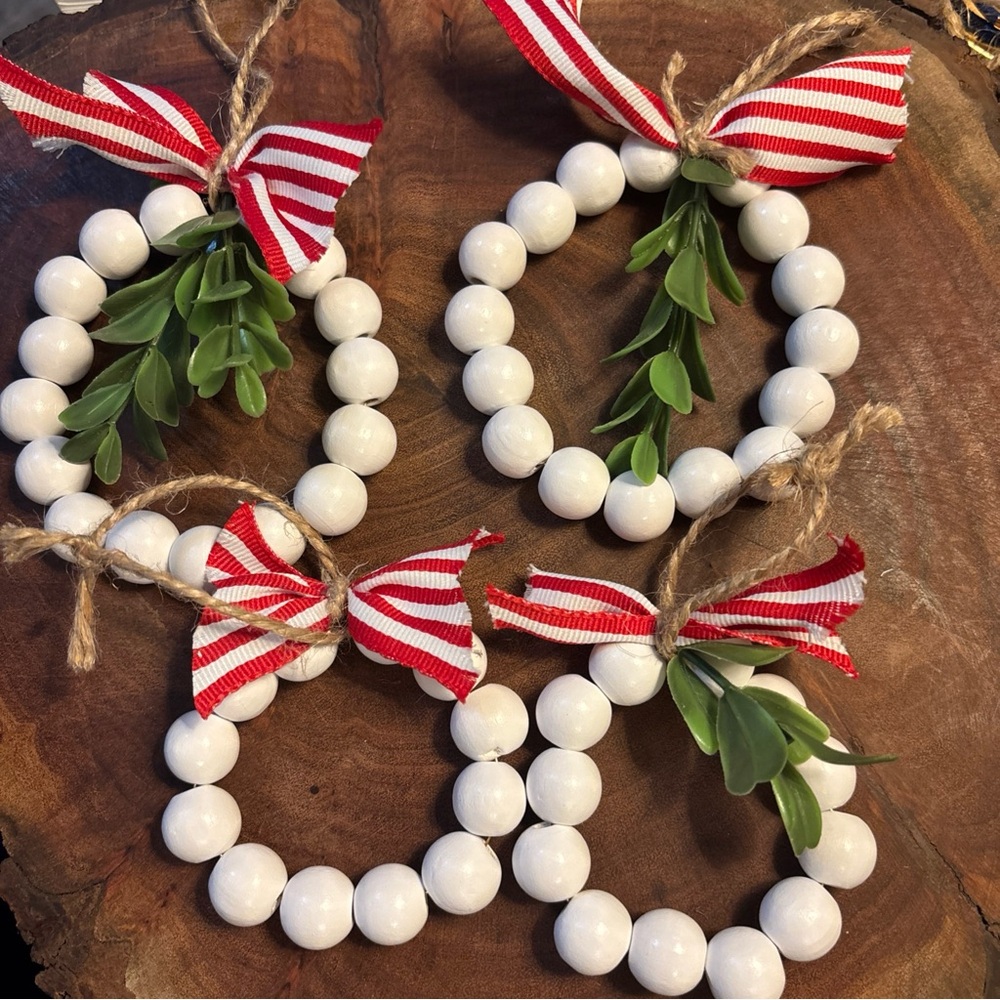 Handcrafted White wooden Beaded Wreath Ornaments